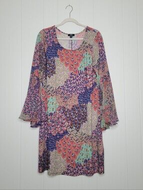 MSK Feather Print Dress Split Bell Sleeve Shift Multi Print Eclectic Peacock 2X